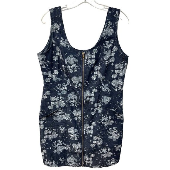 Papillon Denim Floral Mini Dress Full Zip Closure With Pockets Size M - Picture 1 of 6